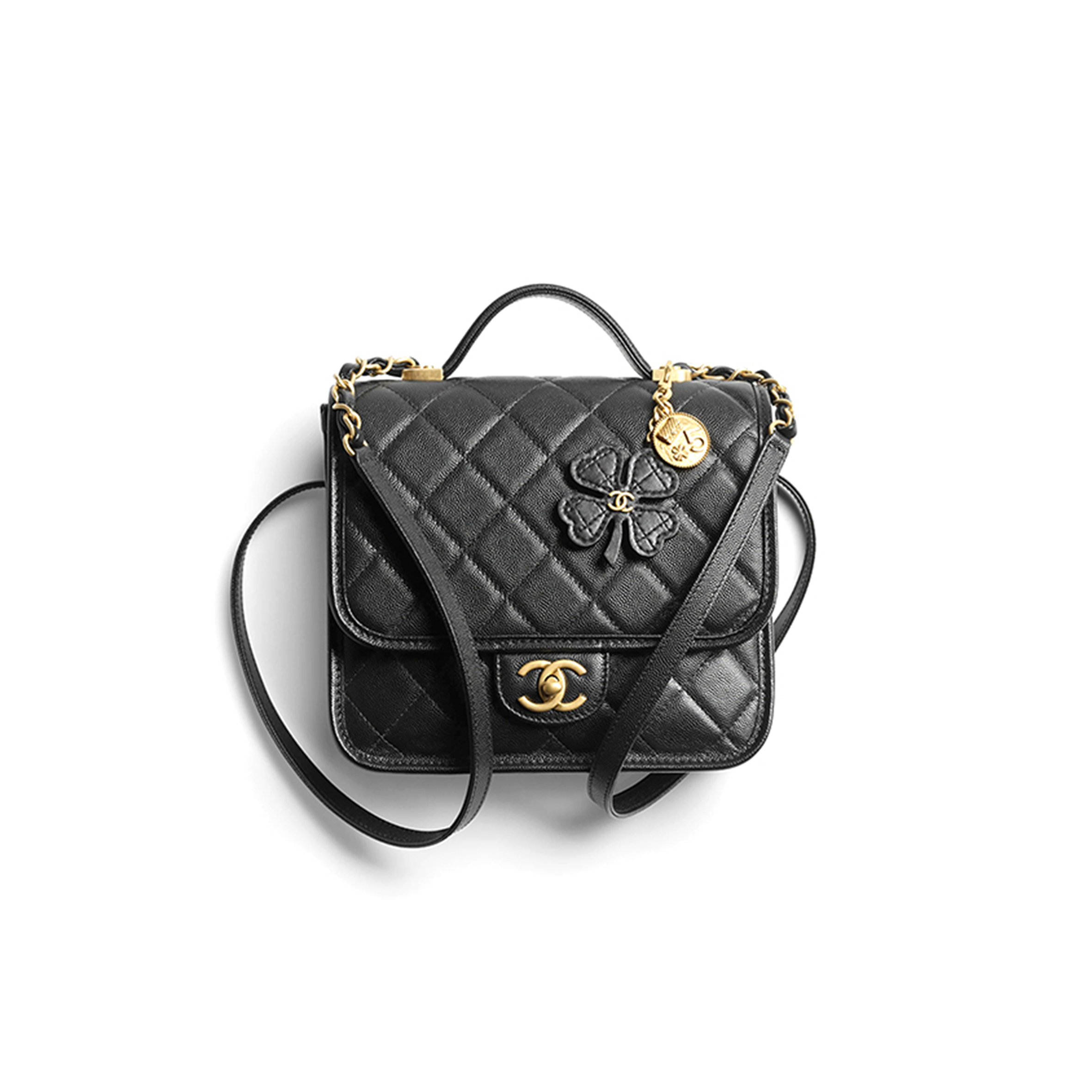 Ch**el backpack grained shiny calfskin & gold-tone metal black as5715 (22*19.5*7cm)